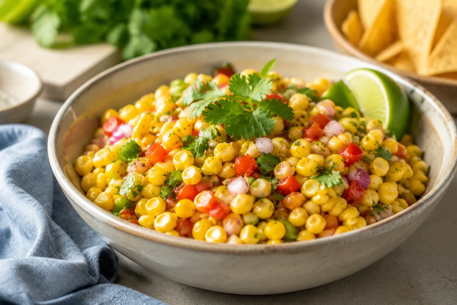 Finished fresh corn salsa garnished with cilantro and lime