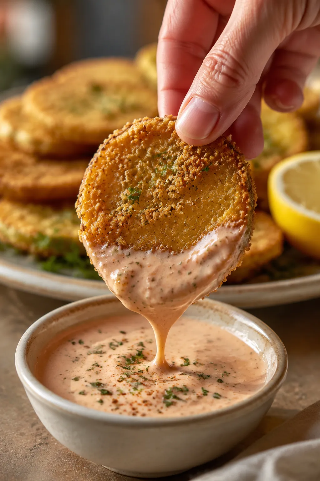 Hand dipping crispy fried green tomato into remoulade sauce