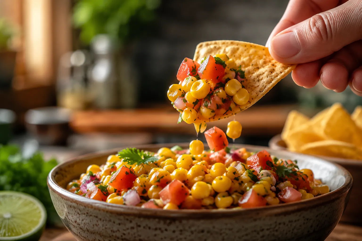 Tortilla chip scooping easy corn salsa from a serving bowl