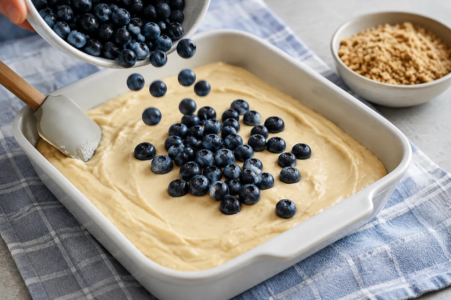 Layering blueberries into cake batter for a classic blueberry cake recipe