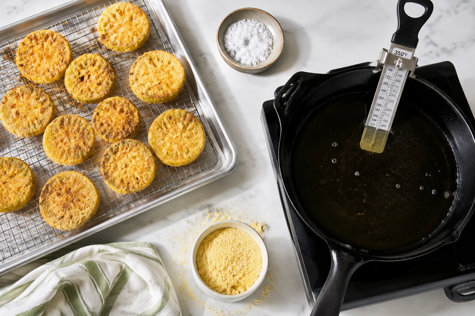 Pro tips for crispy fried green tomatoes draining on a wire rack