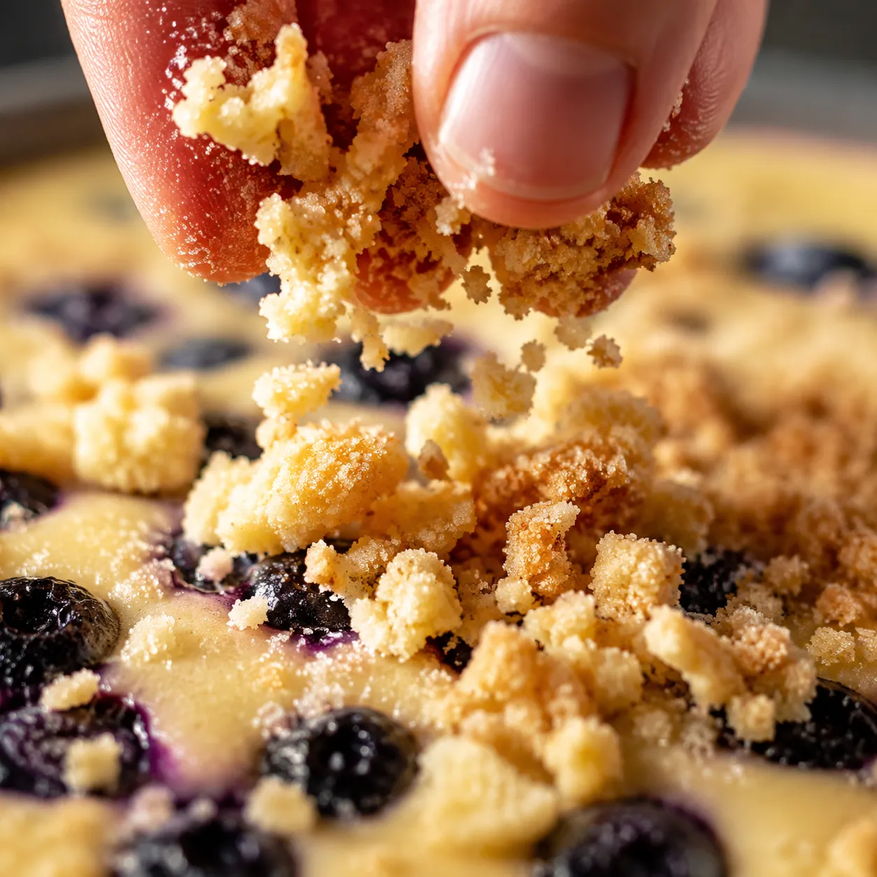 Cinnamon streusel topping for a classic blueberry buckle recipe
