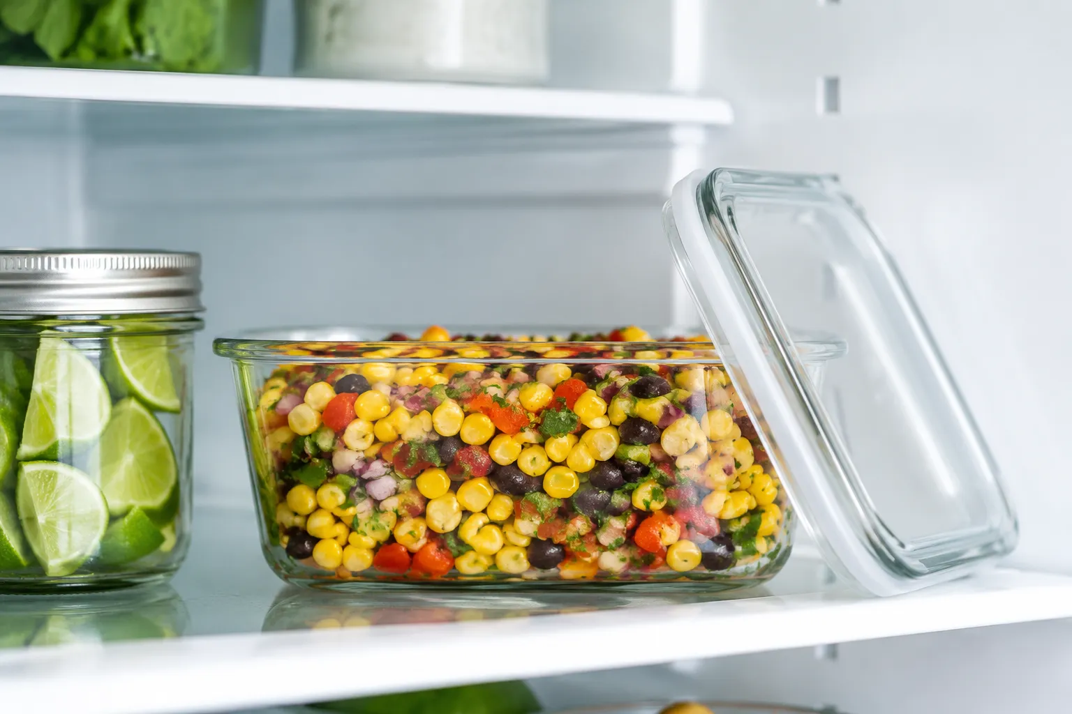 Corn salsa stored in a glass container for fridge meal prep