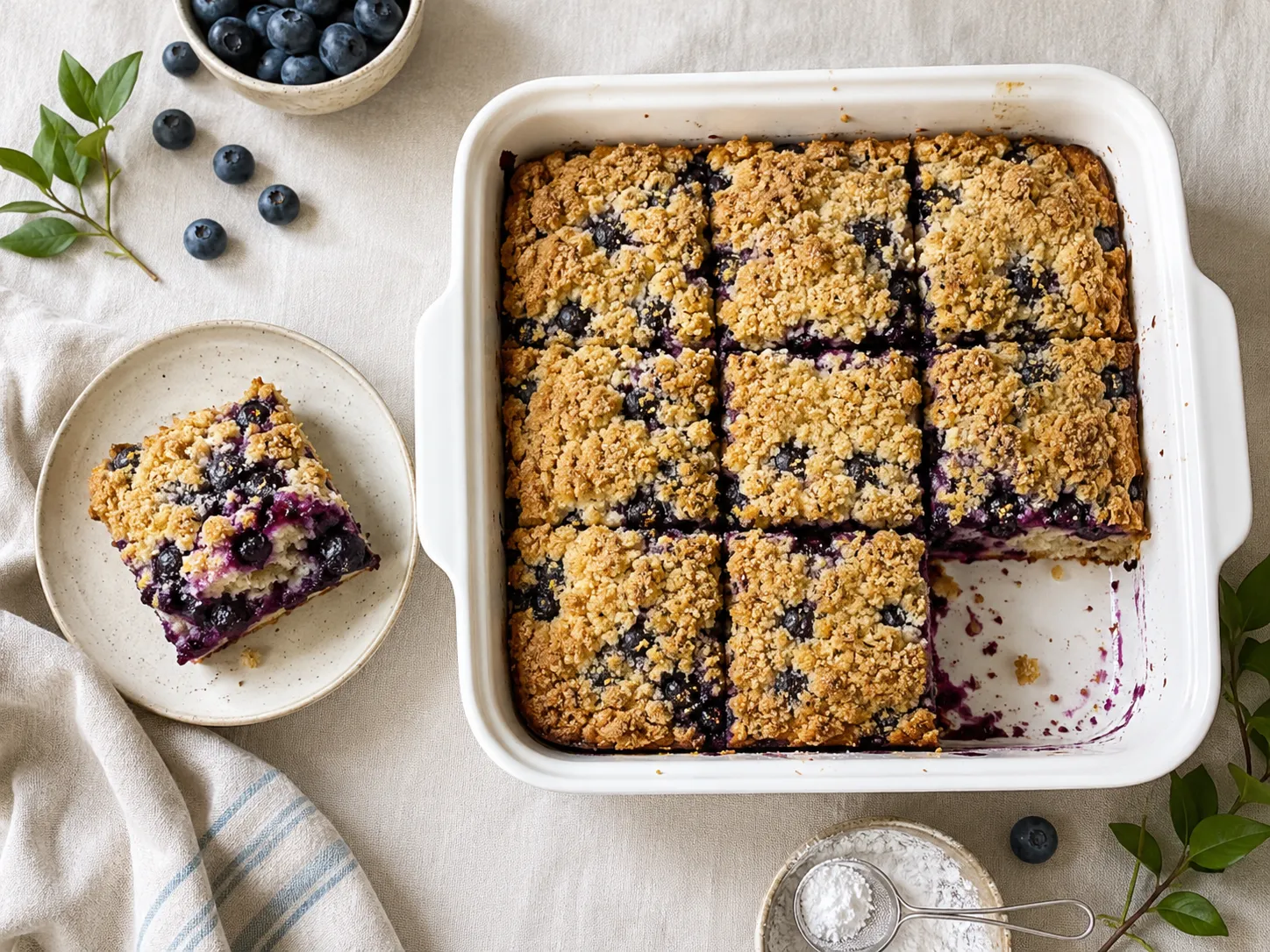 Finished old-fashioned blueberry buckle recipe sliced into squares