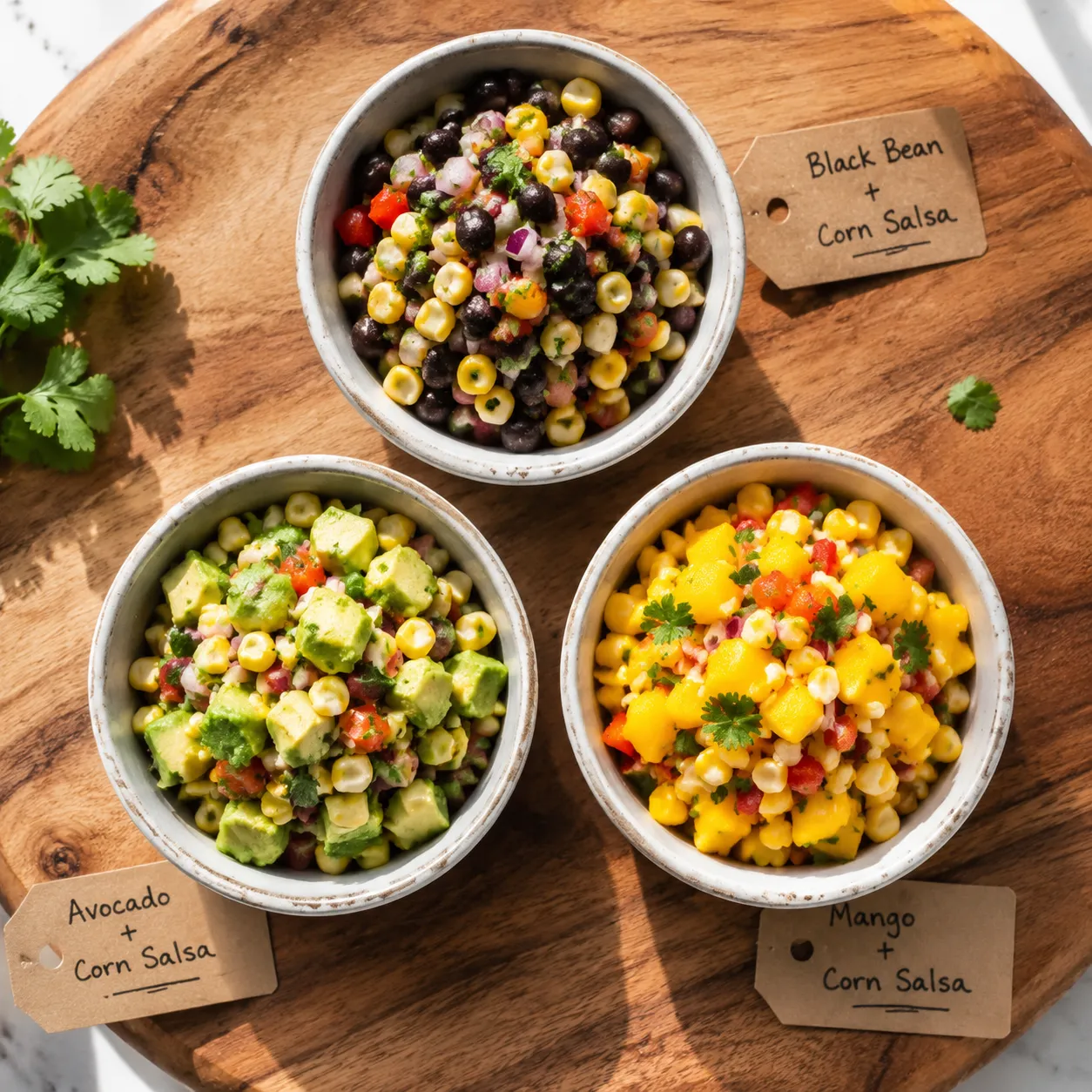 Three corn salsa variations: black bean, avocado, and mango