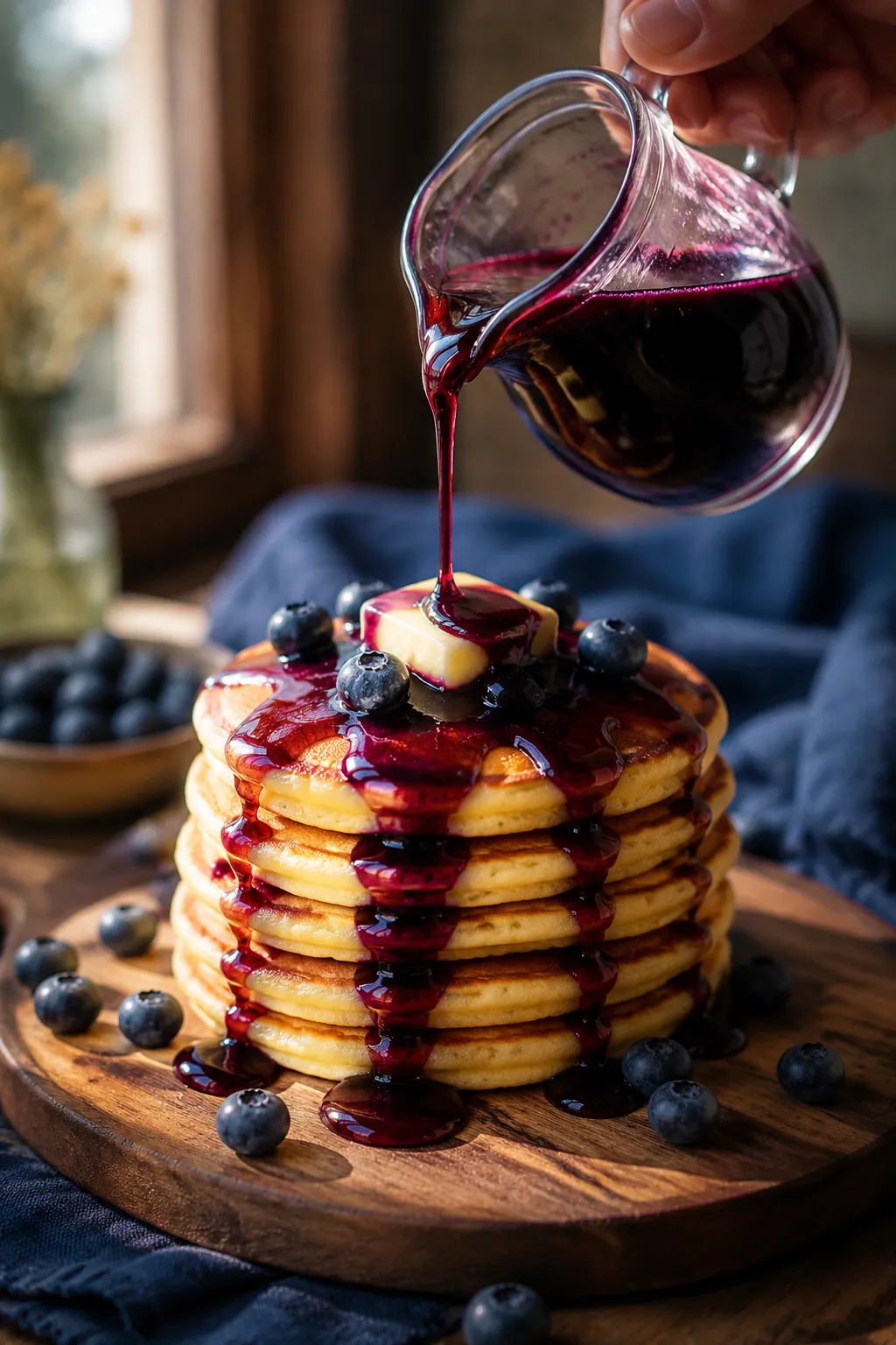 Homemade blueberry syrup recipe poured over pancakes