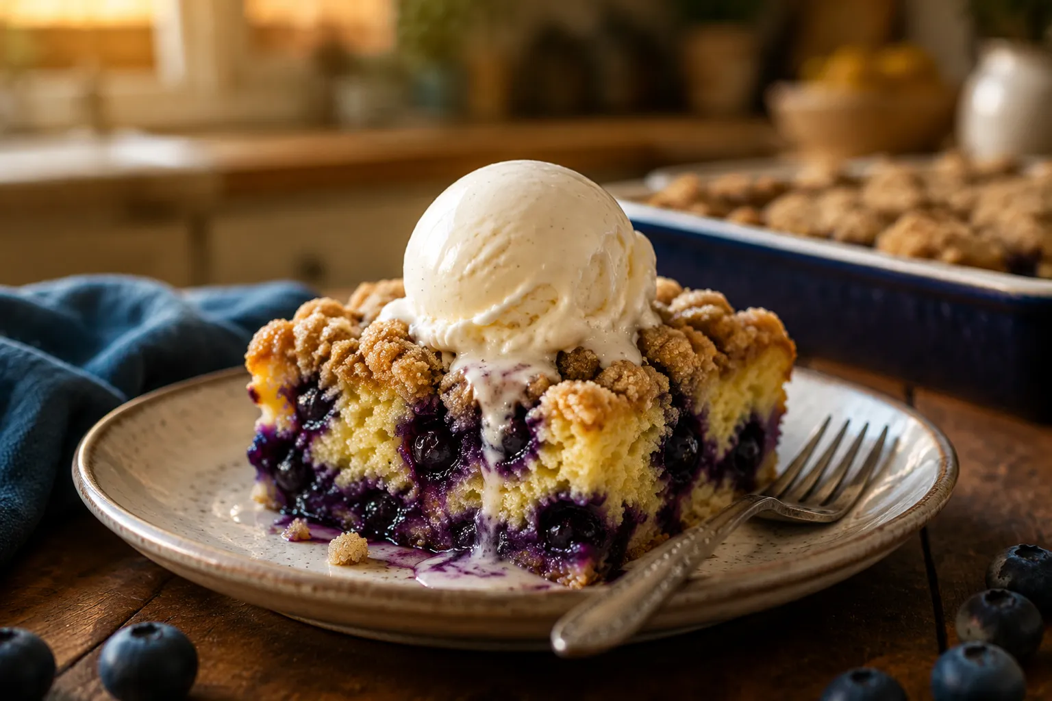Serving blueberry buckle with vanilla ice cream, one of many blueberry recipes