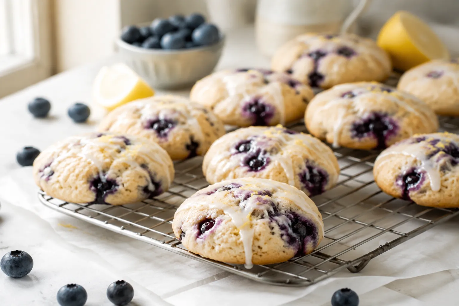 Soft blueberry cookies with lemon glaze on a cooling rack
