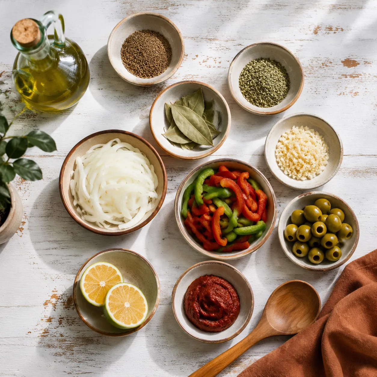 Cuban food recipes ingredients flatlay with sofrito, spices, and sour orange