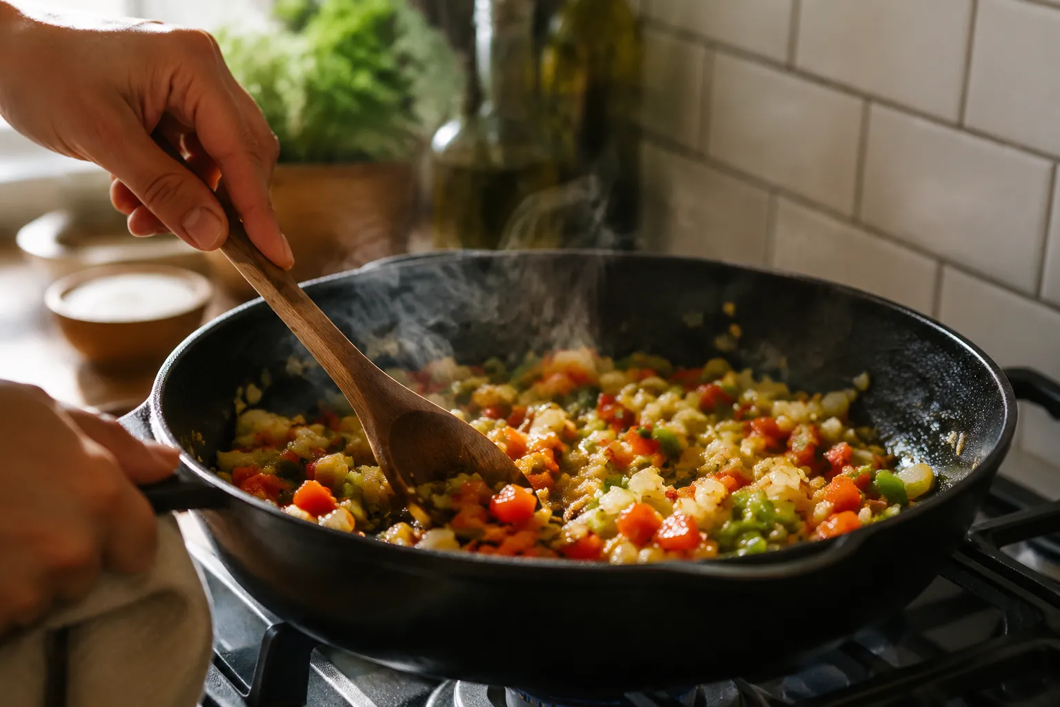 Hands stirring Cuban sofrito for authentic cuban cuisine recipes