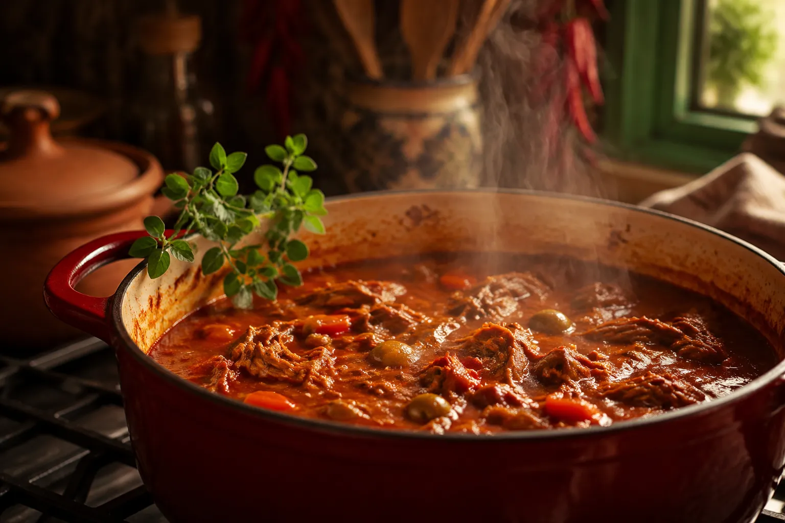 Ropa vieja simmering in Dutch oven, classic Cuban dishes and recipes