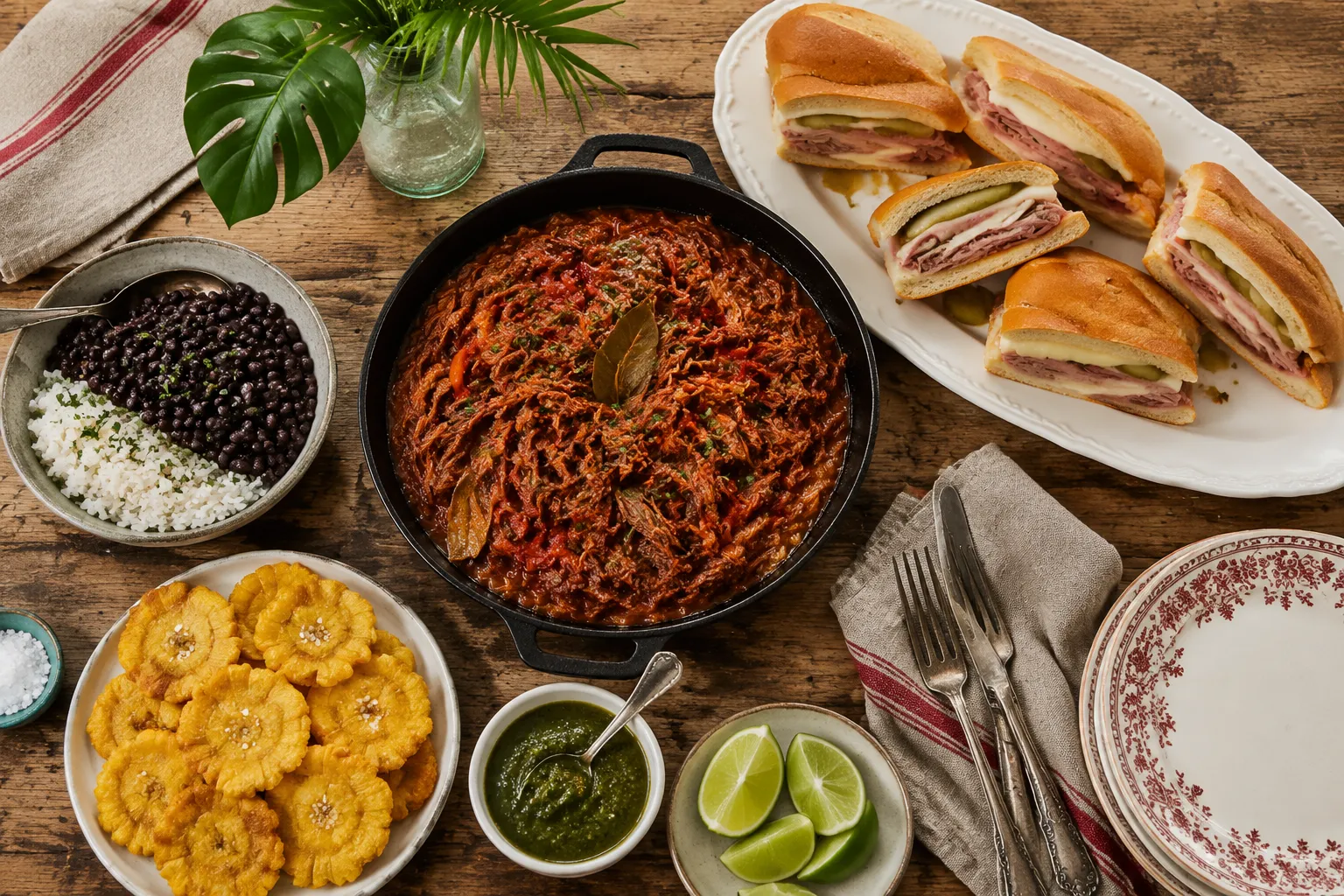 Cuban recipes table spread with ropa vieja, Cuban sandwich, and tostones
