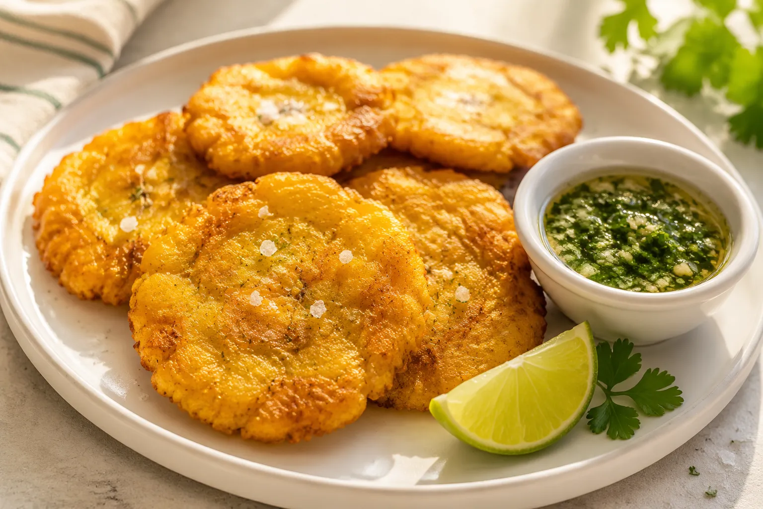 Tostones with mojo sauce, classic Cuban cooking recipes side dish