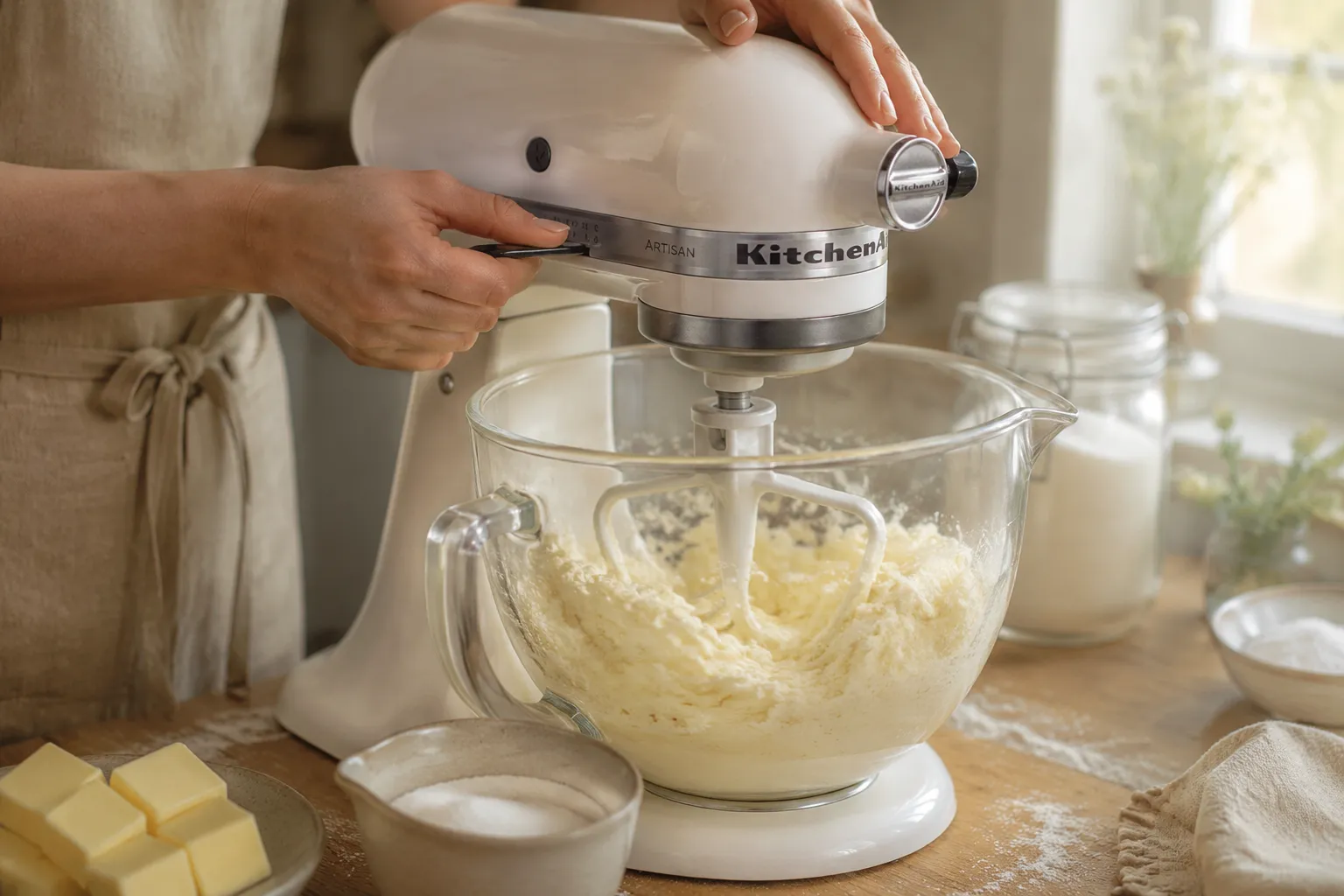 Creaming butter and sugar for fluffy white cake batter
