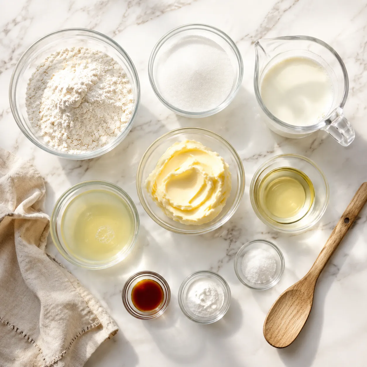 Ingredients for white cake recipe measured in glass bowls overhead