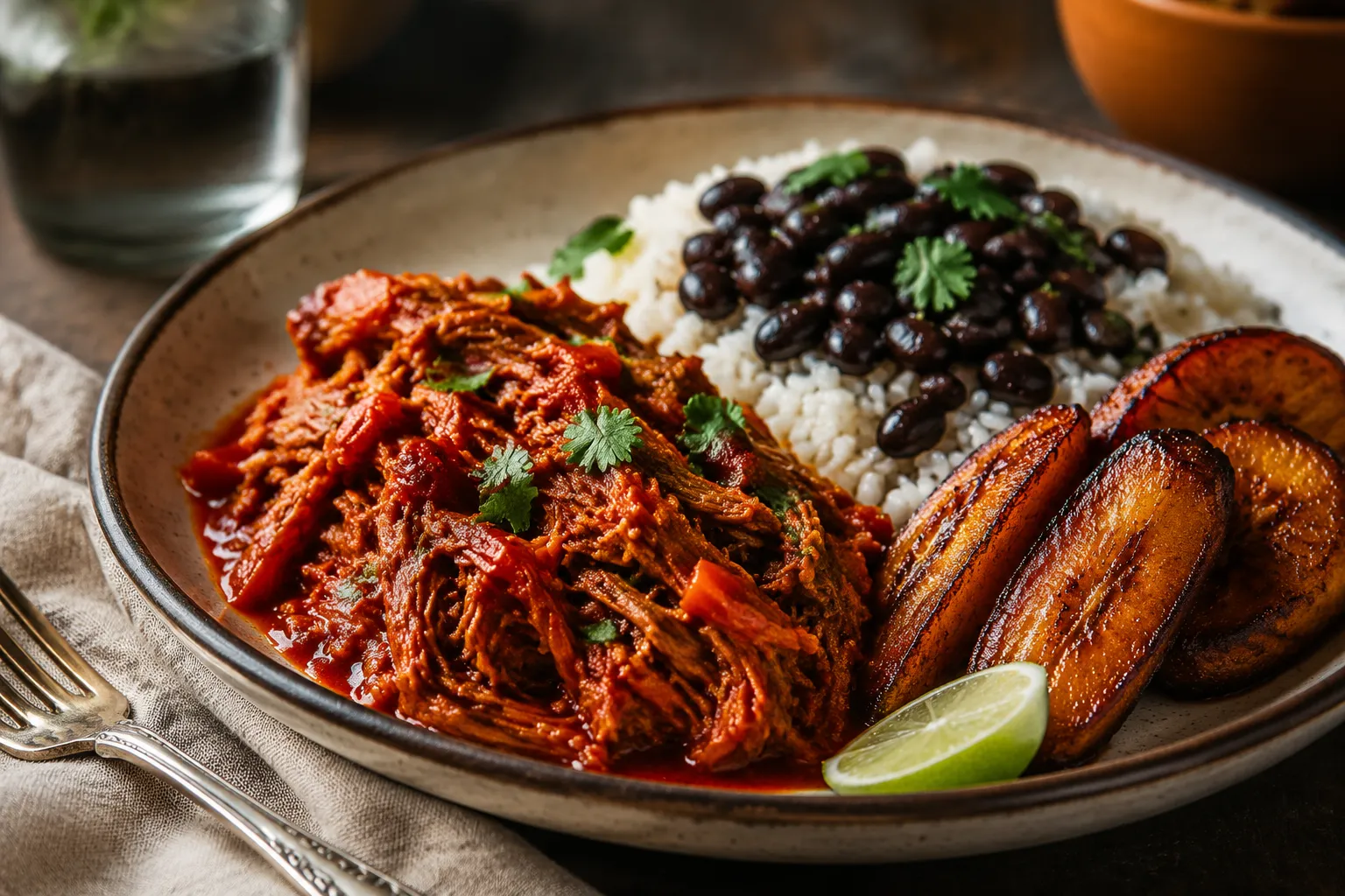 Plated ropa vieja dinner with rice, beans, and maduros, cuban dishes and recipes