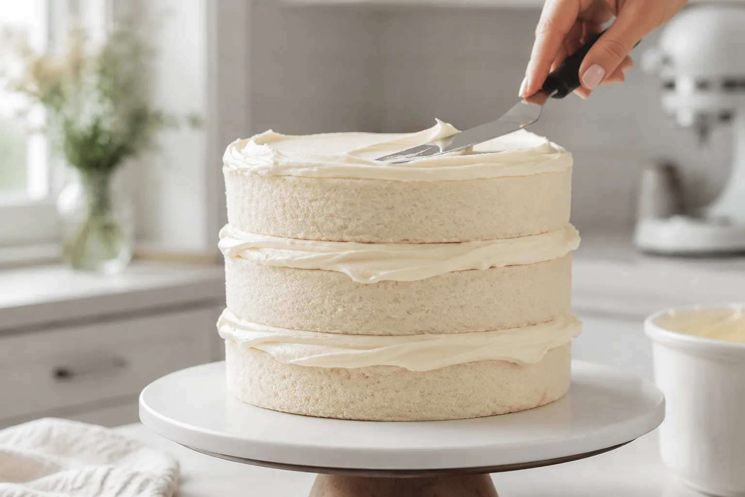 Stacked white cake layers with vanilla buttercream frosting