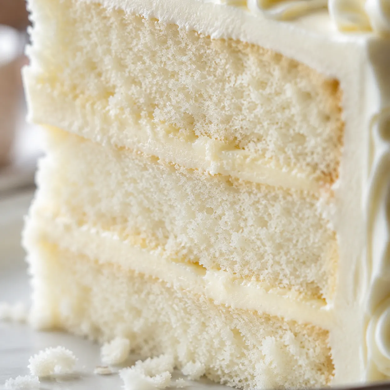 Close-up of fluffy snow-white crumb in homemade white cake