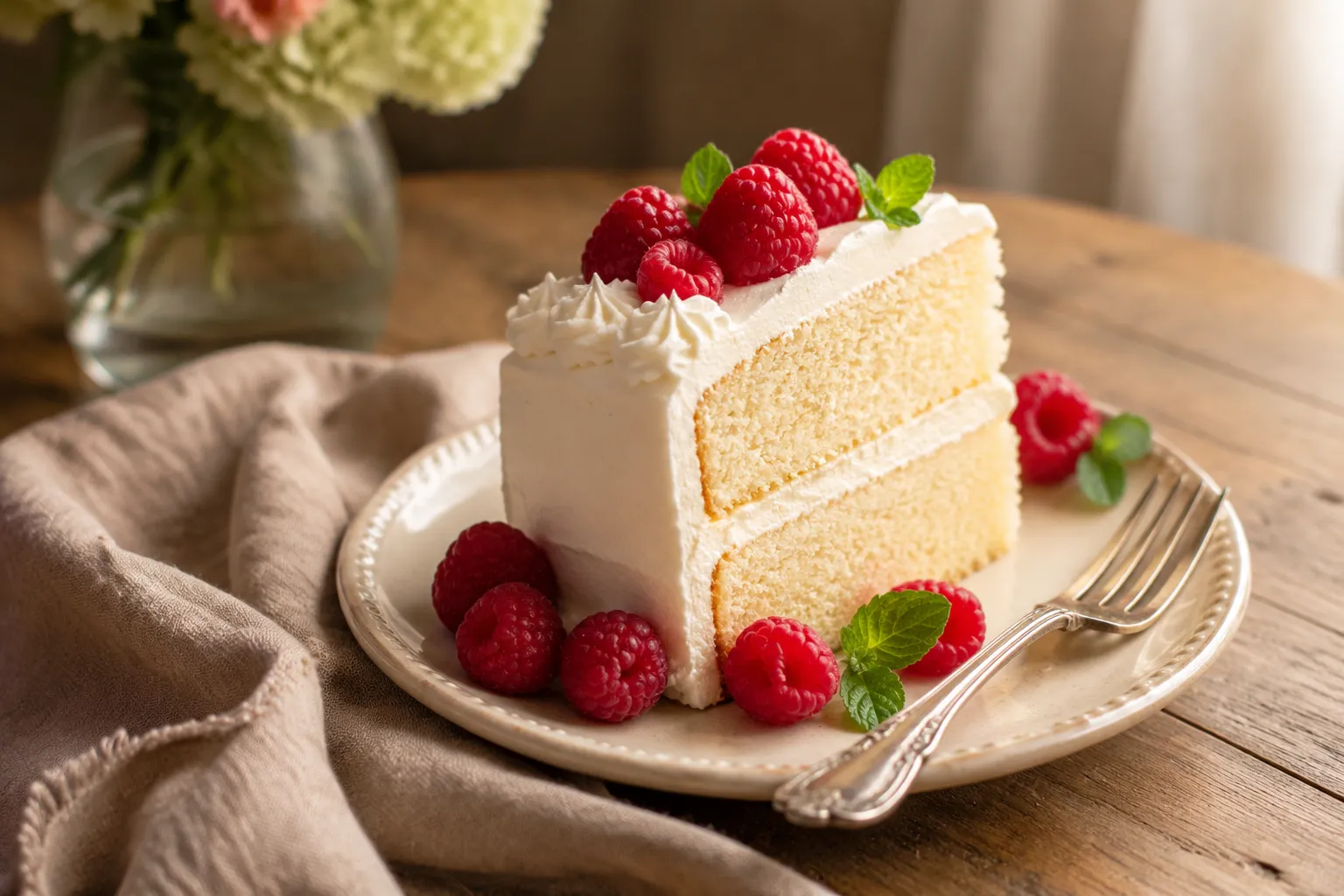 Slice of homemade white cake served with fresh raspberries