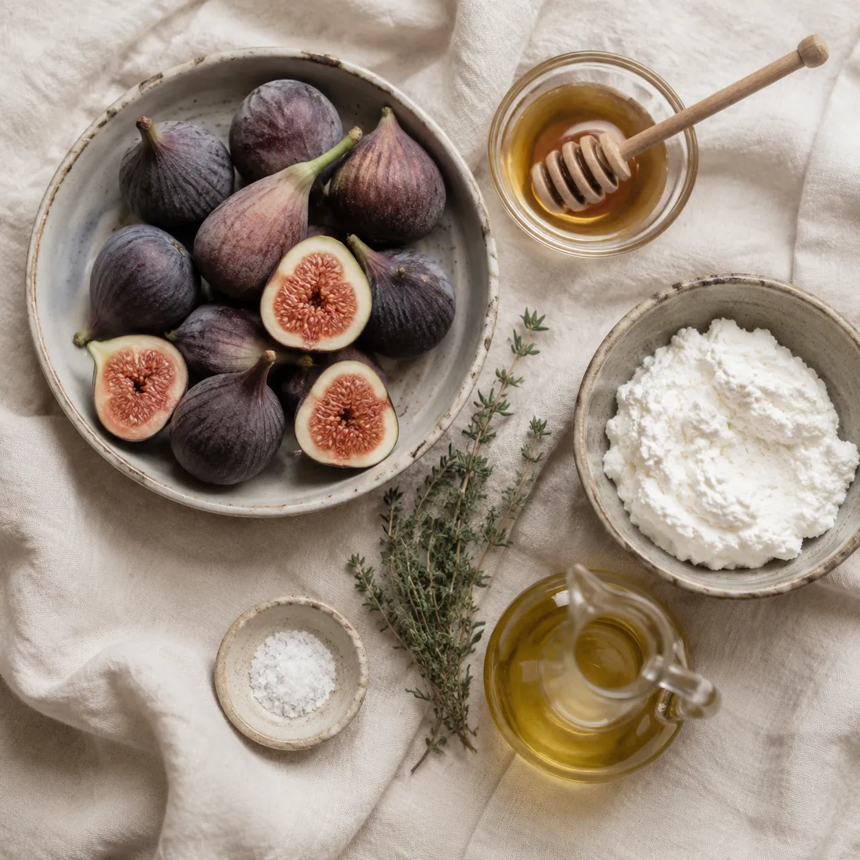 Fresh figs fruit ingredients flatlay with honey, ricotta, thyme, and olive oil