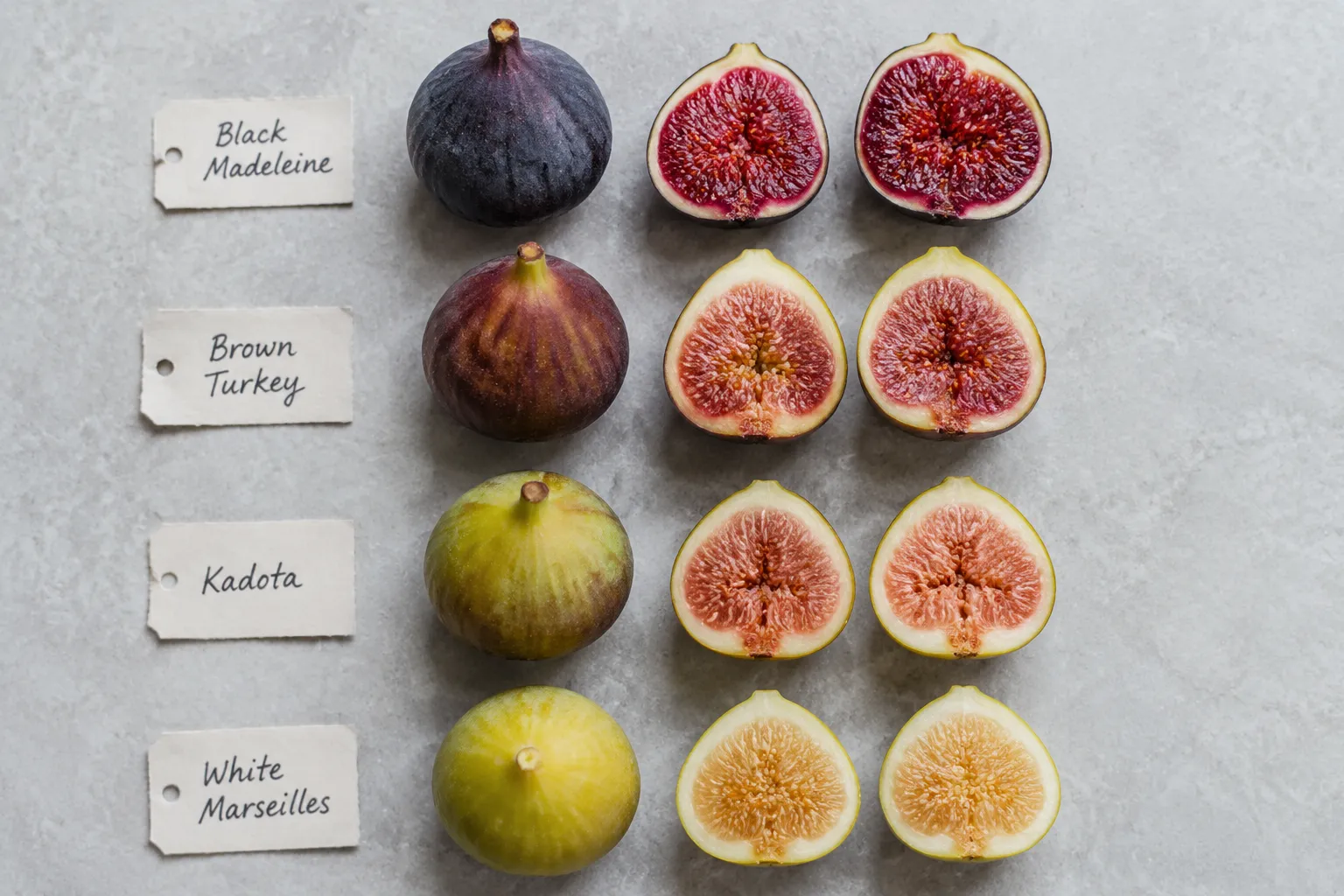 Black Mission, Brown Turkey, Calimyrna, and Kadota figs fruit varieties compared