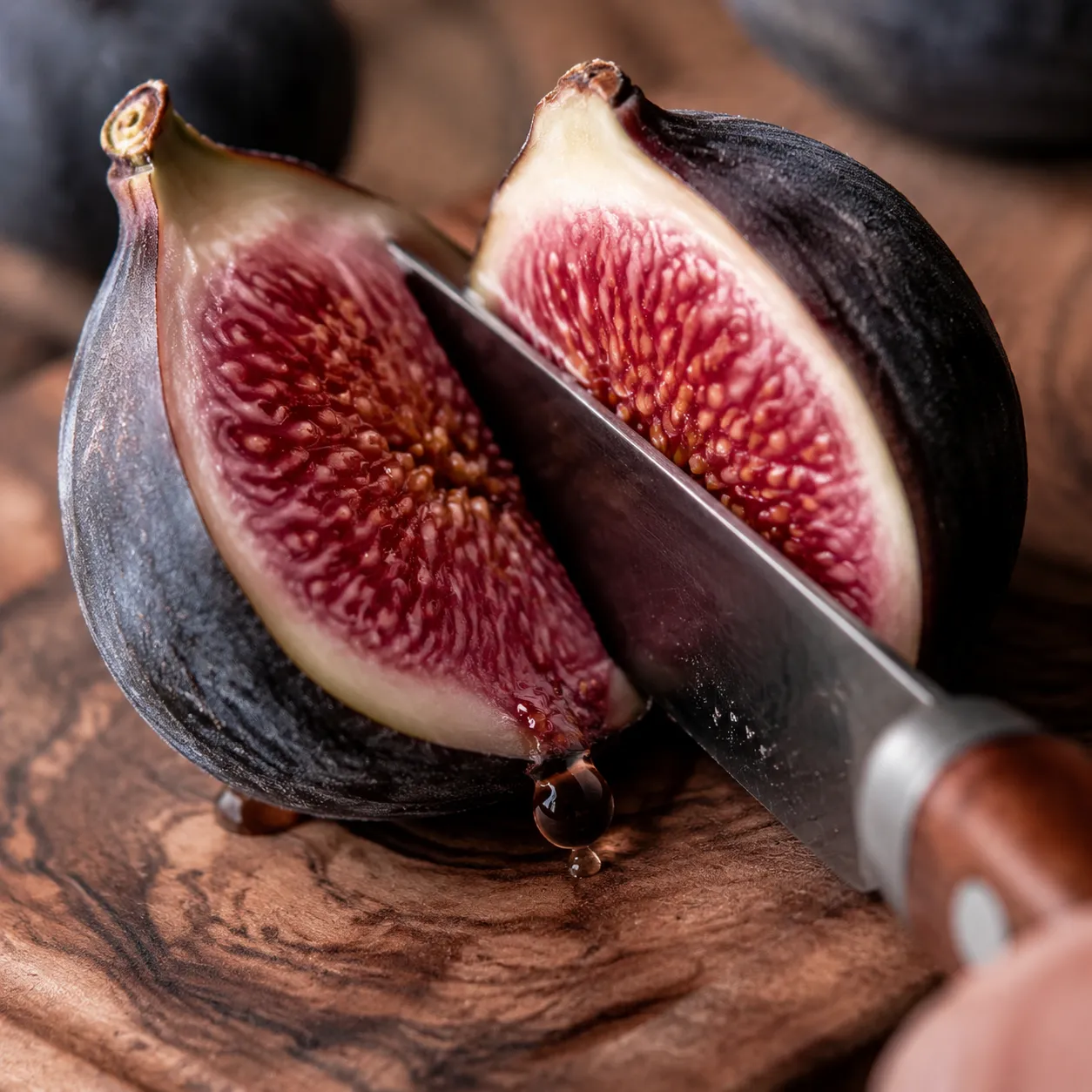 Sliced ripe fig fruit showing pink interior and seeds on a wooden board