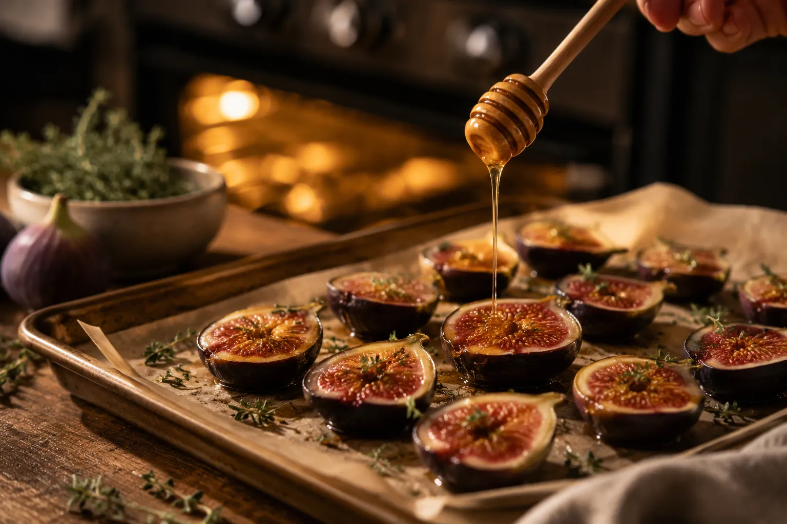 Halved fresh figs drizzled with honey on a sheet pan ready to roast