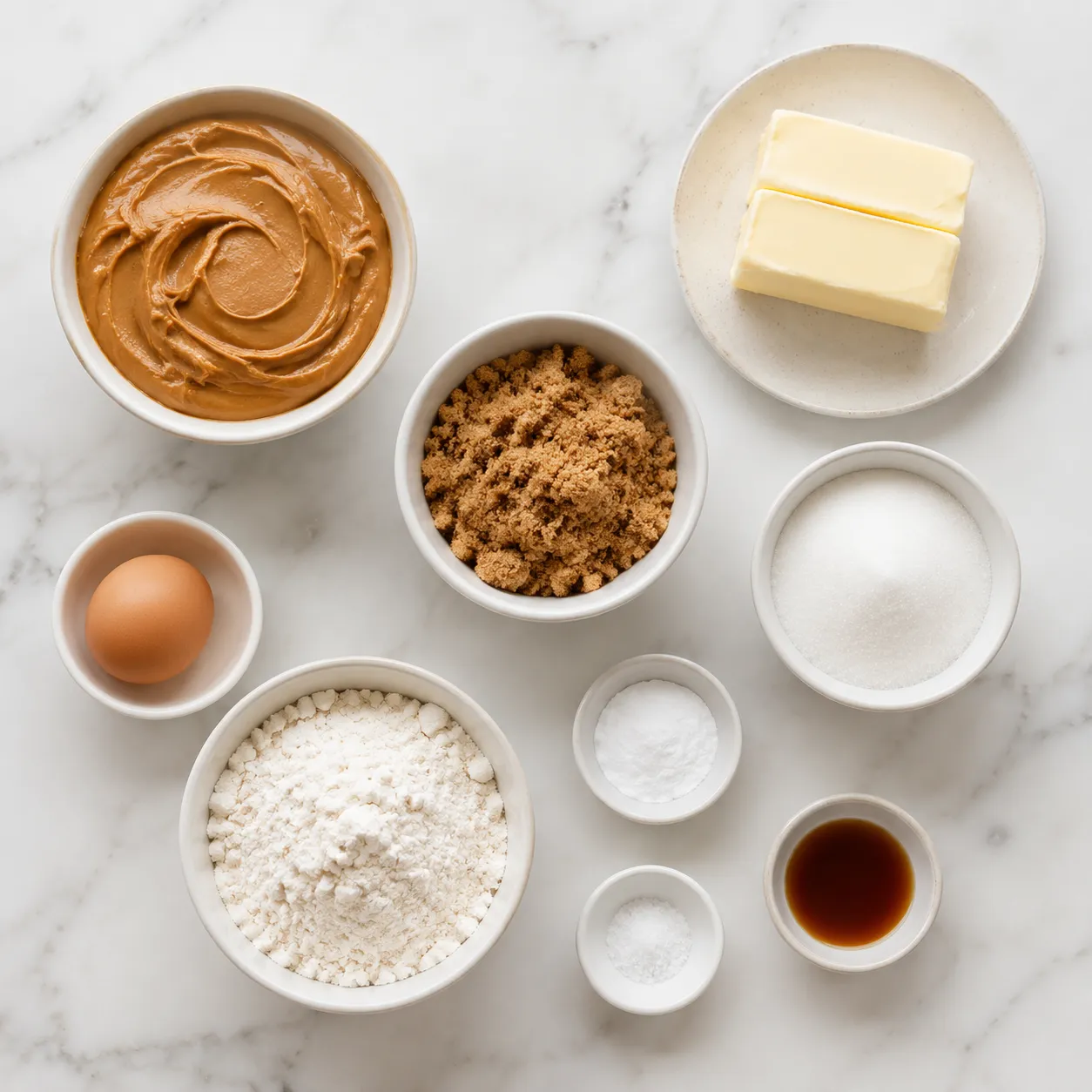 Peanut butter cookie ingredients flatlay on marble counter