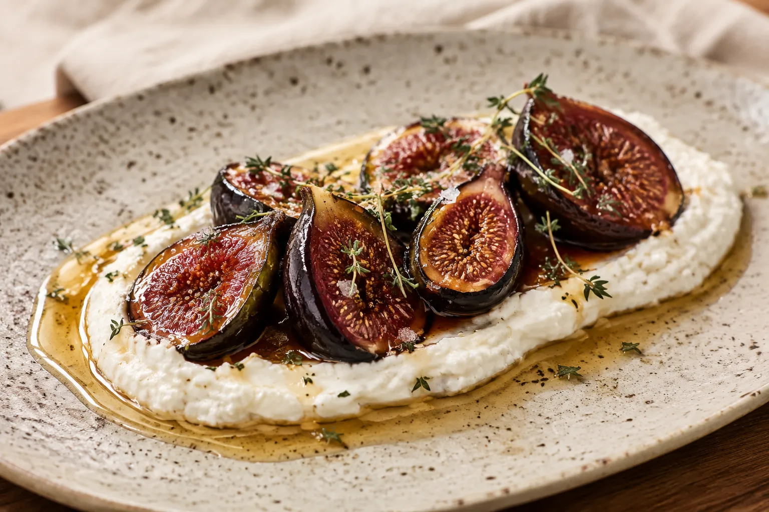Roasted honey figs fruit recipe plated with ricotta and thyme on a ceramic dish