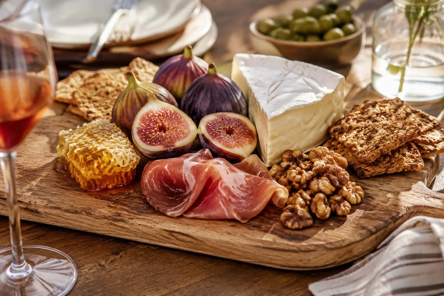 Cheese board with figs fruit, brie, prosciutto, and honey for entertaining