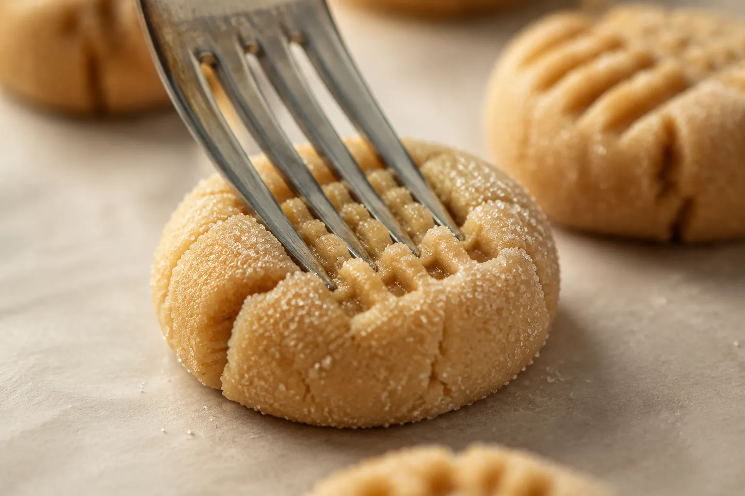 Fork crisscross pattern on peanut butter cookie dough ball