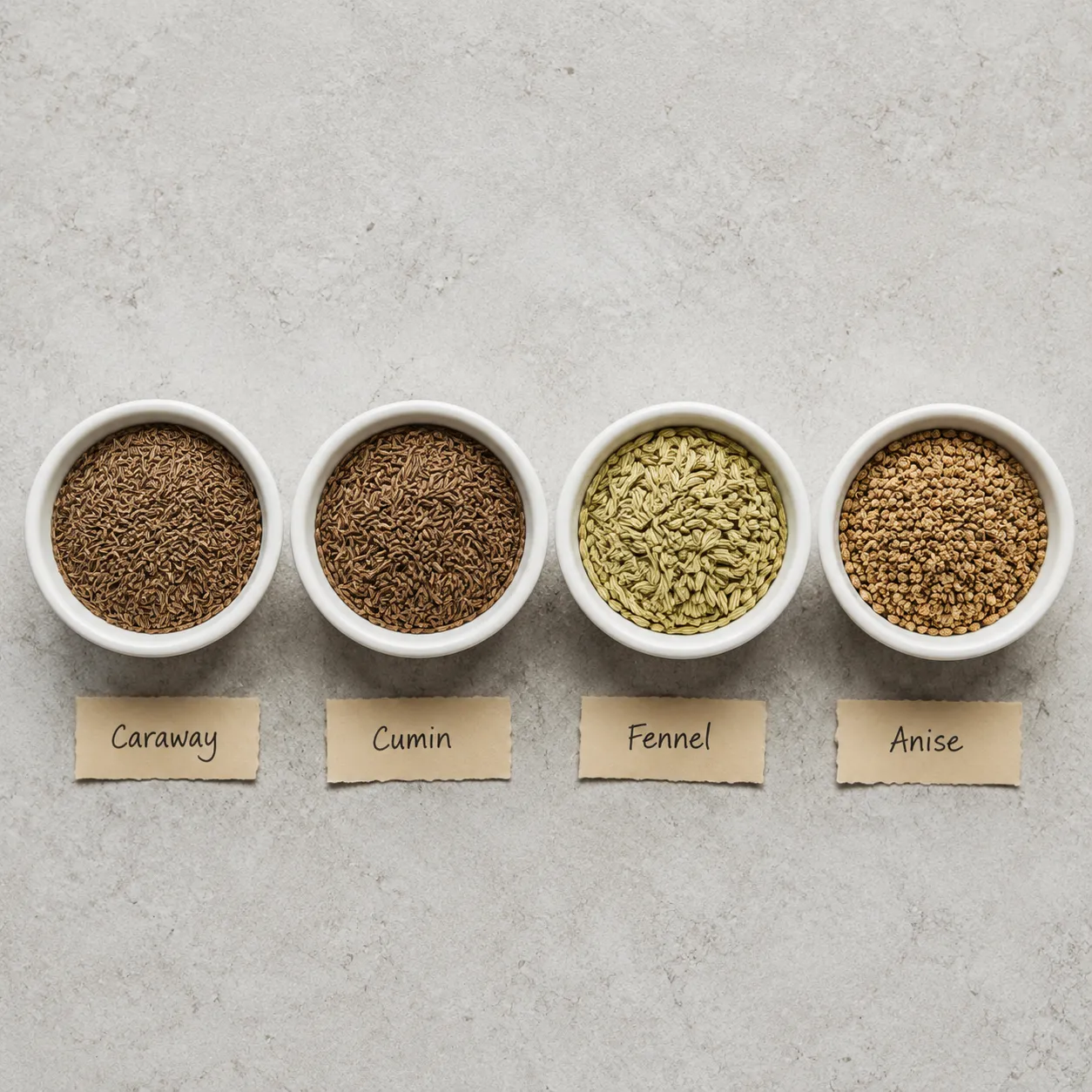Caraway seeds vs cumin, fennel, and anise comparison flatlay