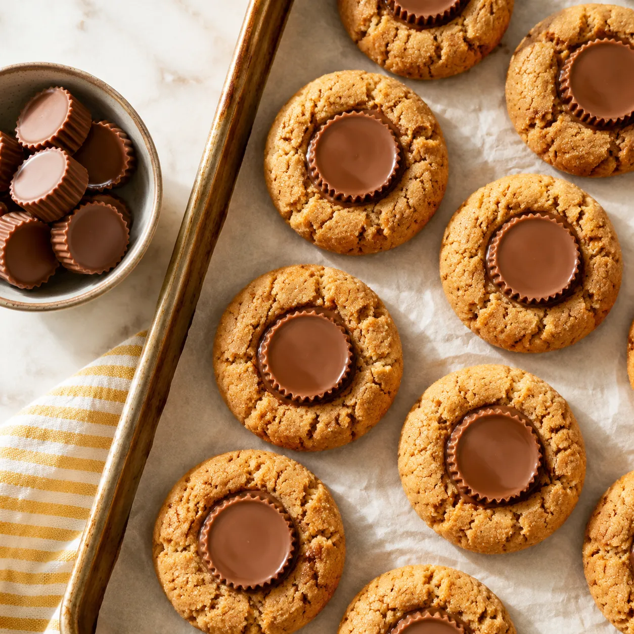 Peanut butter cup cookies with mini cups pressed in centers