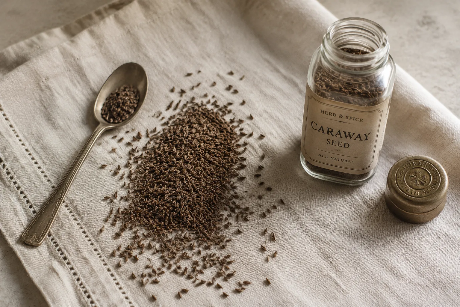 Whole caraway seeds spilled on linen with vintage spice jar