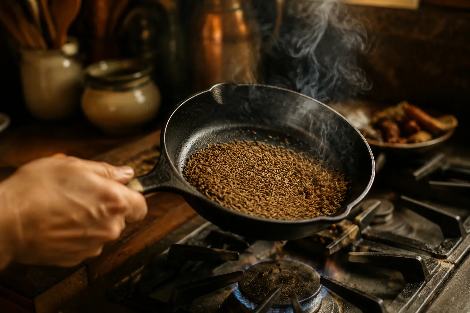 Toasting caraway seeds in a cast iron skillet on the stove