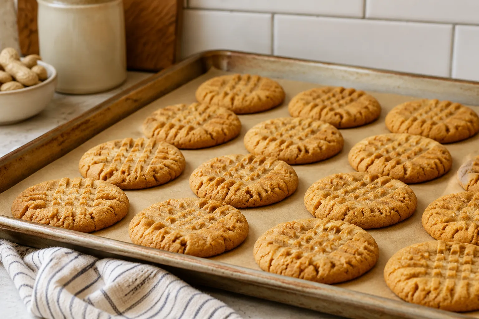 Baked peanut butter cookies cooling on sheet pan