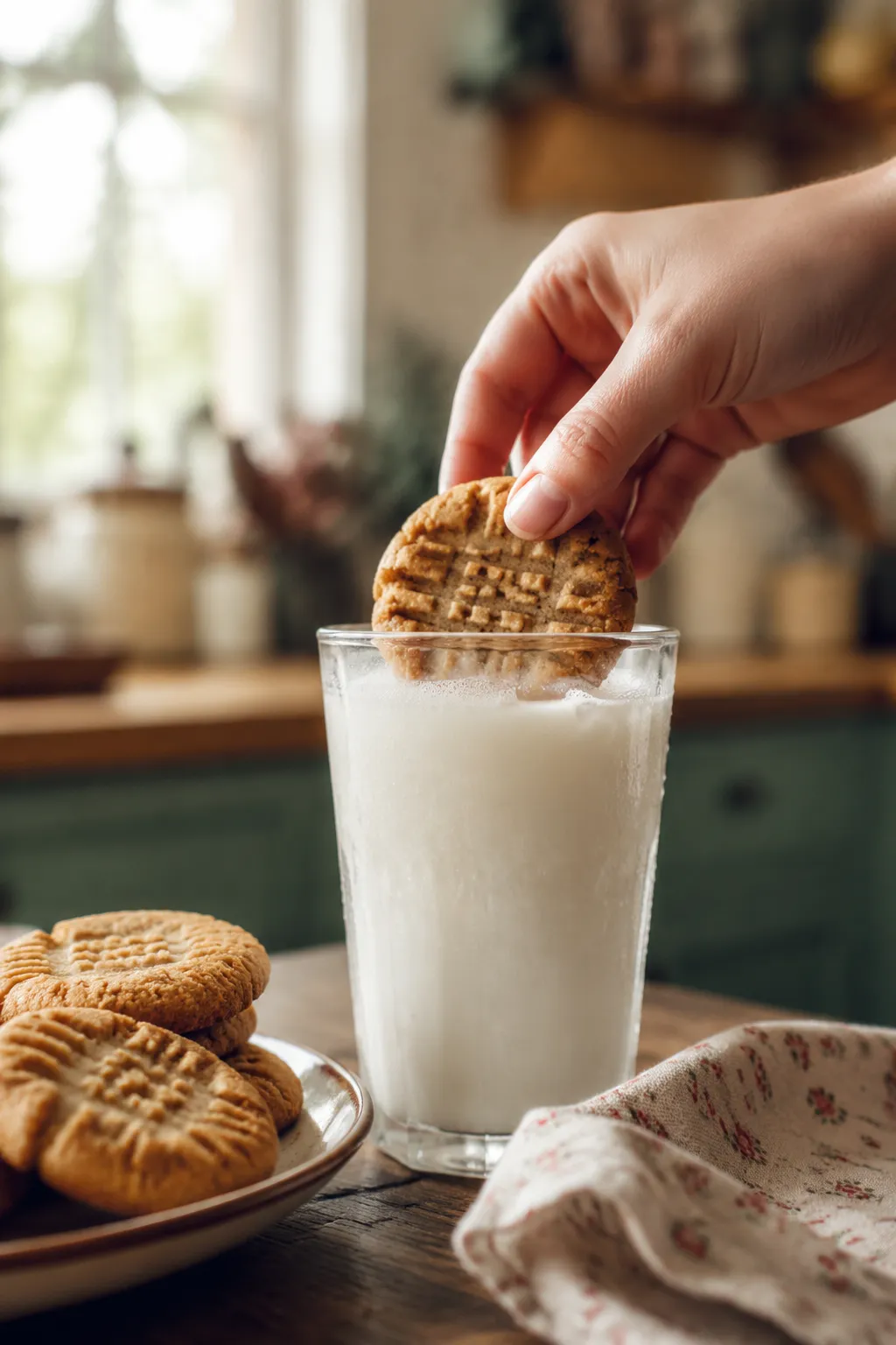Dunking peanut butter cookie into glass of cold milk