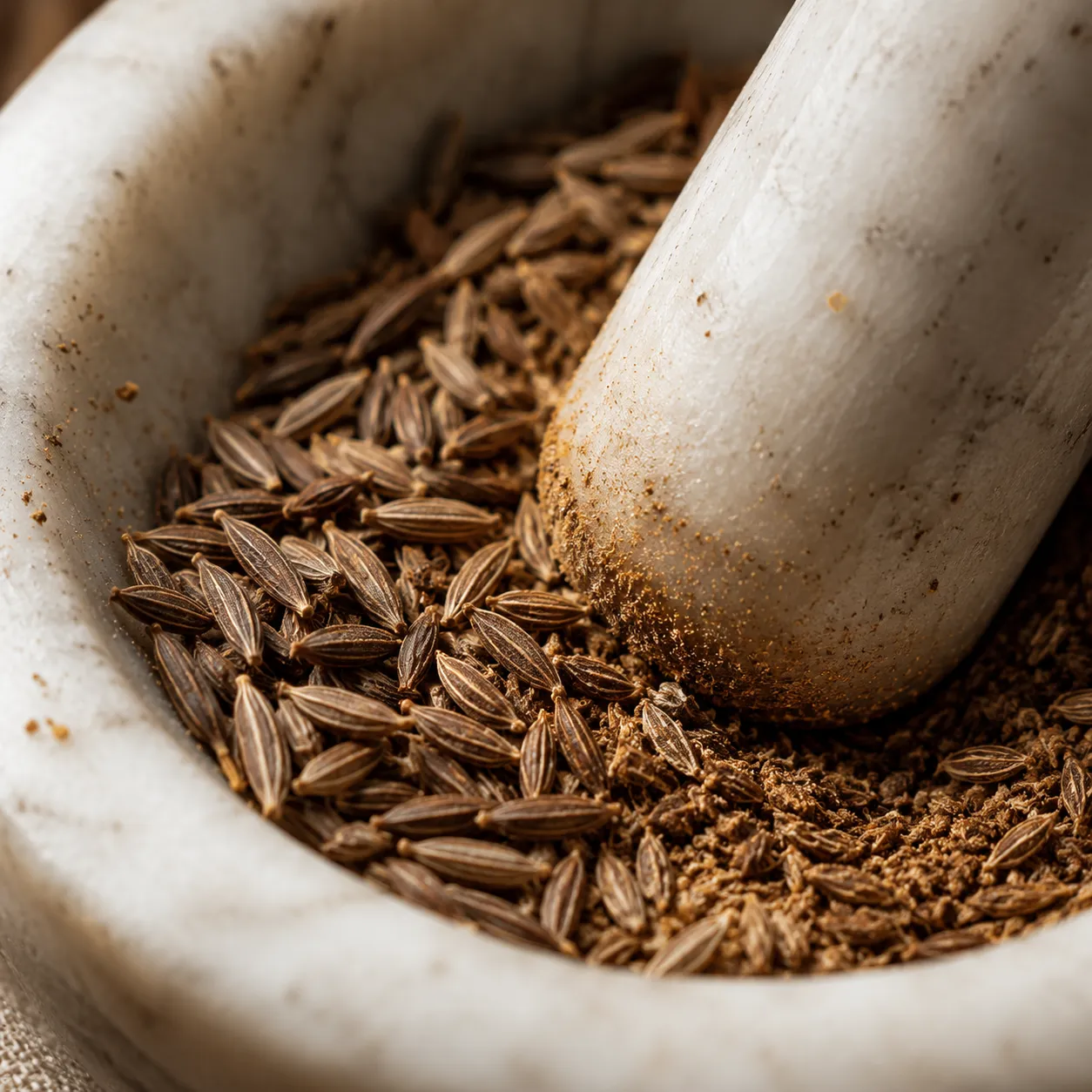 Crushing toasted caraway seeds in a marble mortar and pestle