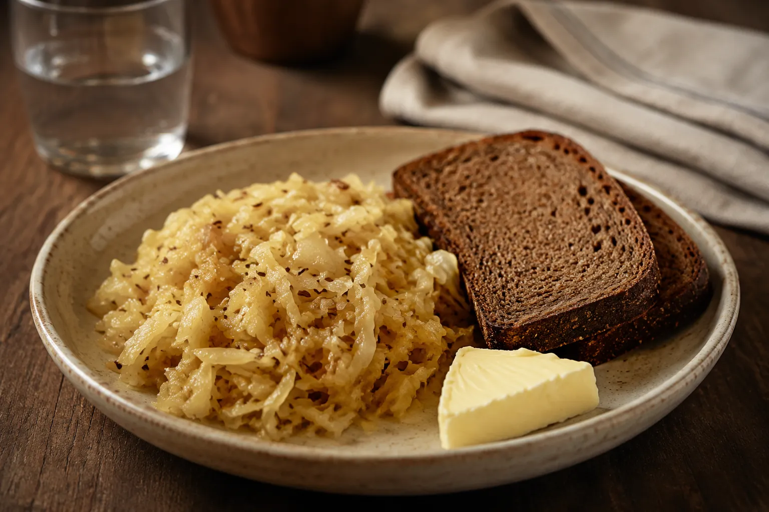 Caraway seeds cabbage served with rye bread on a dinner plate
