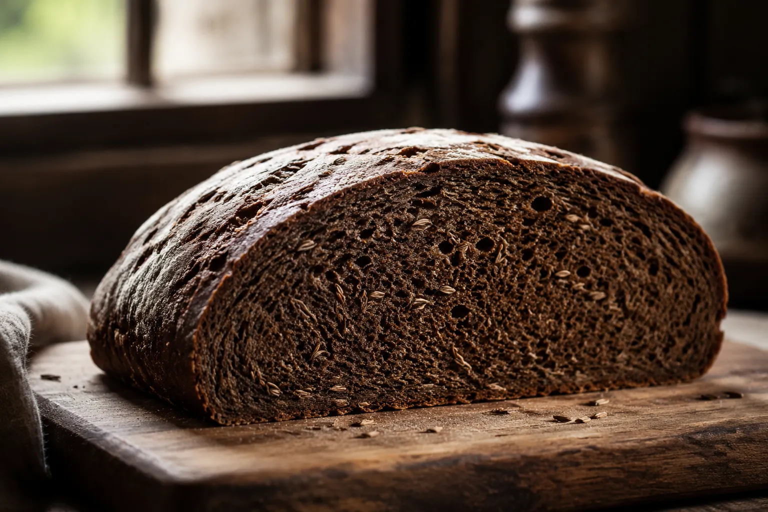 Sliced caraway seeds rye bread loaf on wooden cutting board