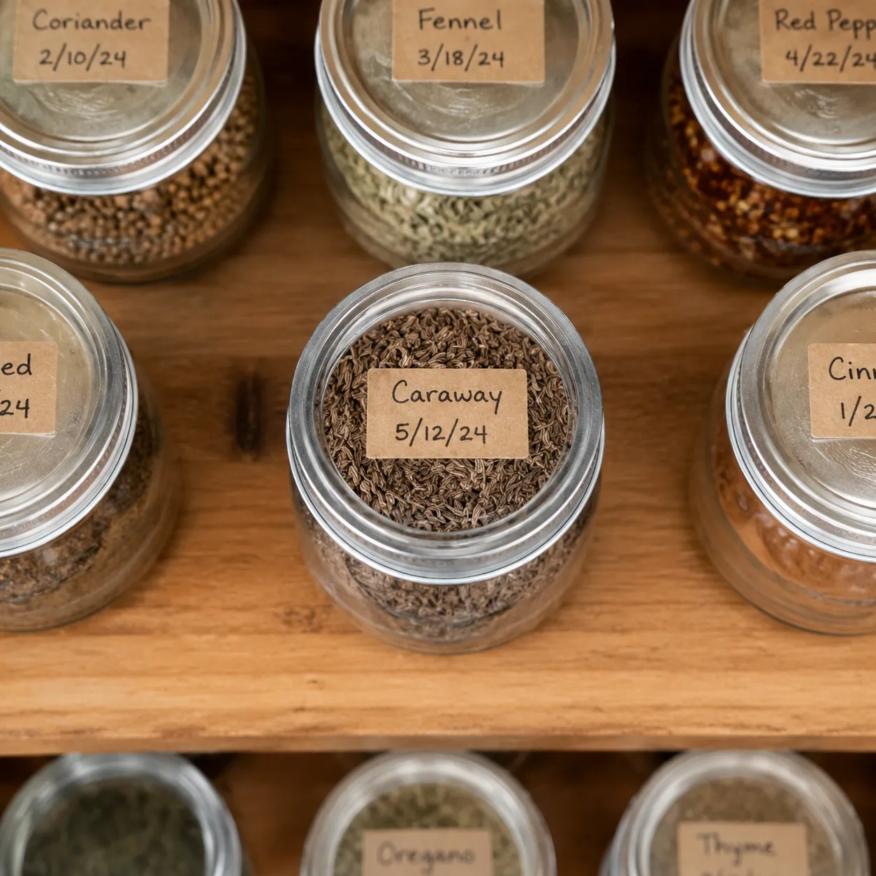 Storing caraway seeds in a labeled glass jar in the pantry