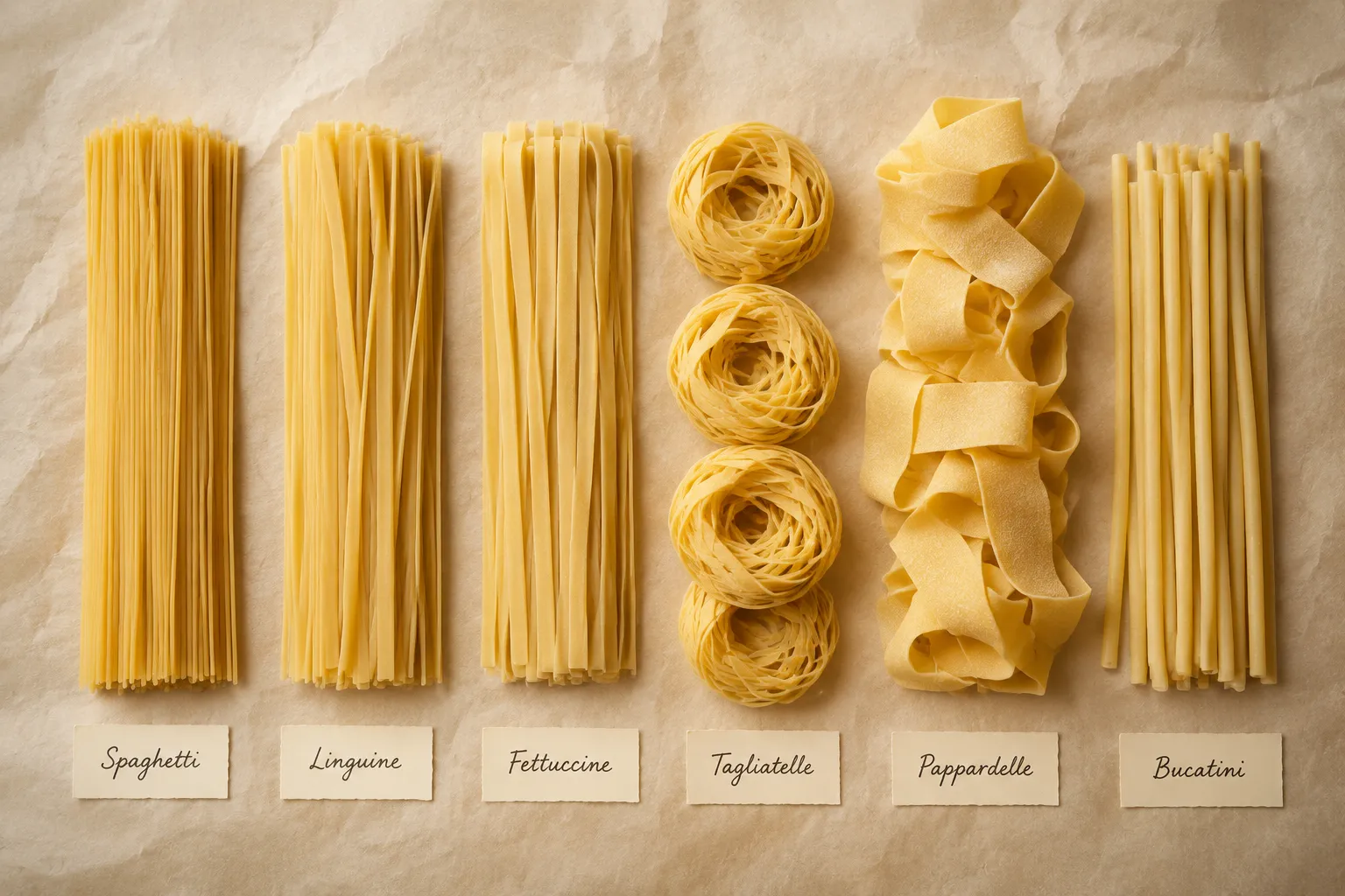 Long pasta types comparison with spaghetti, linguine, fettuccine, and pappardelle
