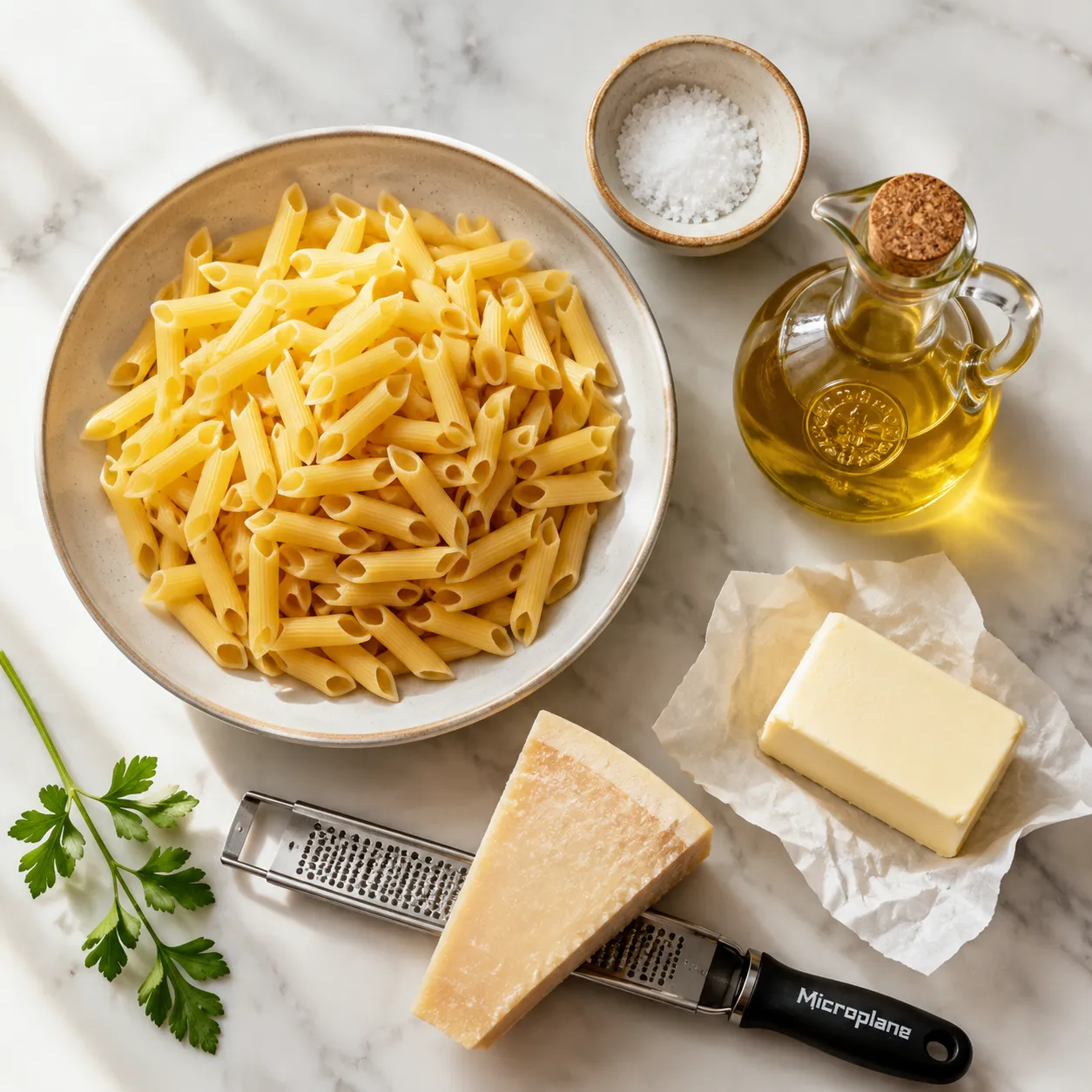 Pasta types ingredients flatlay with dried penne, salt, olive oil, and Parmesan
