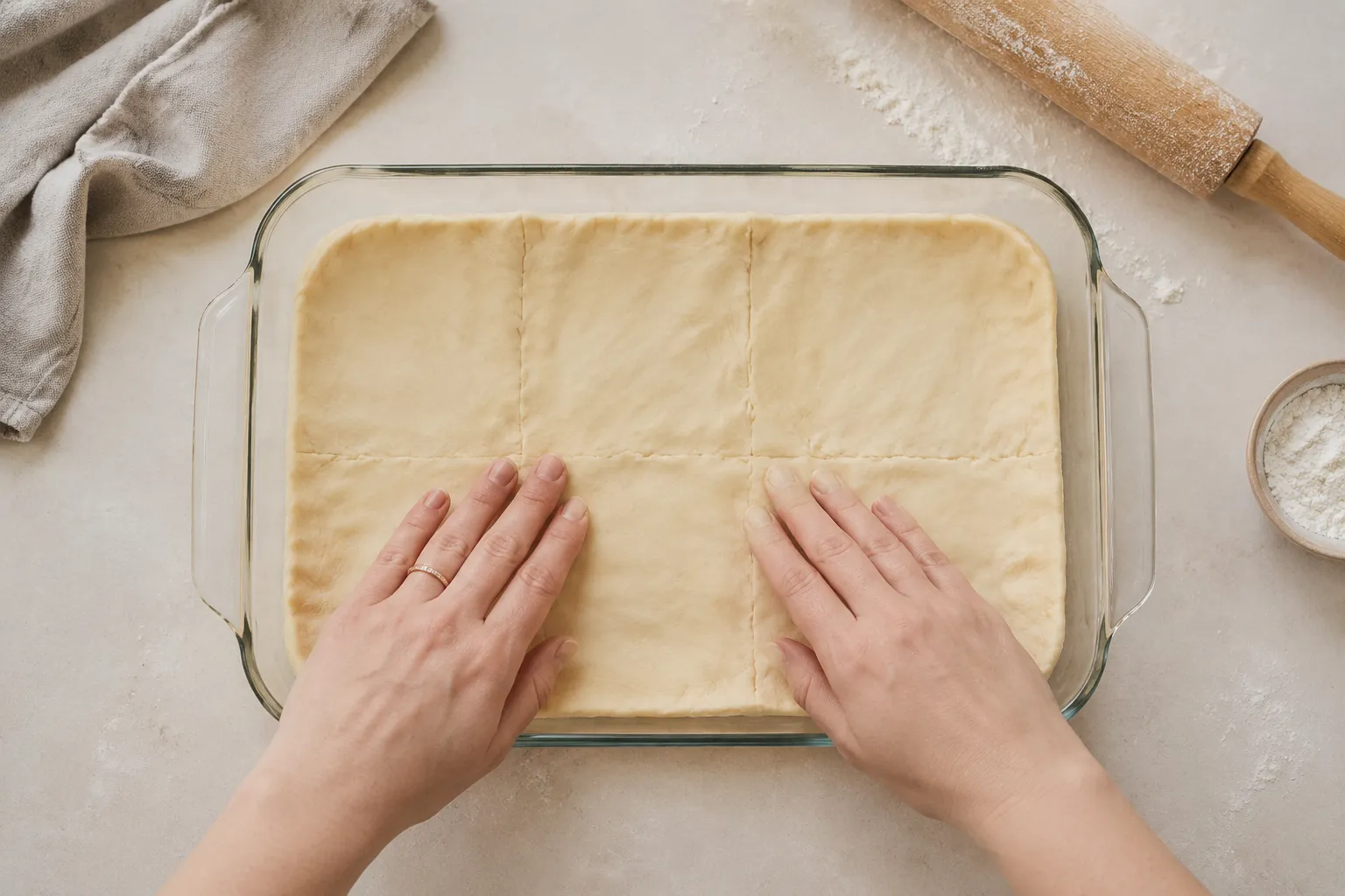 Pressing crescent roll dough into baking dish for sopapilla cheesecake