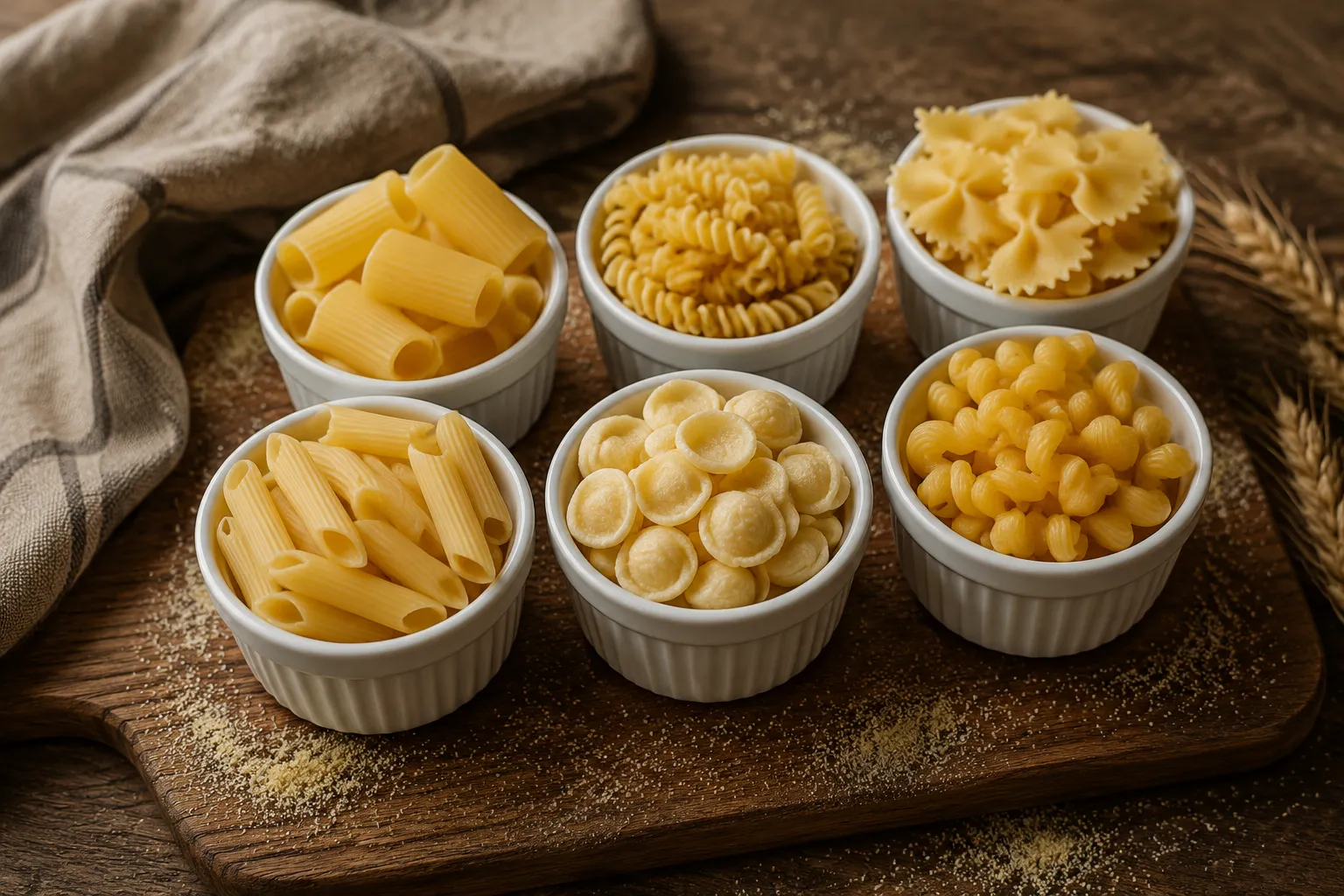 Short pasta types in ramekins including penne, rigatoni, fusilli, and farfalle