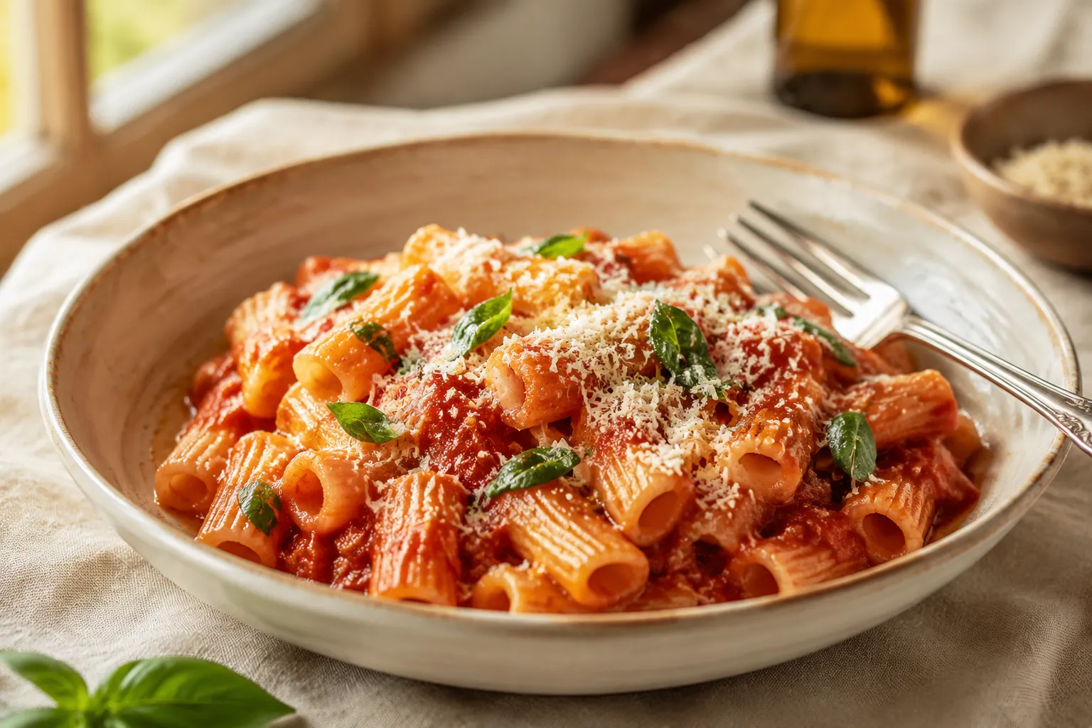 Rigatoni pasta with tomato sauce showing how shape pairs with chunky sauce