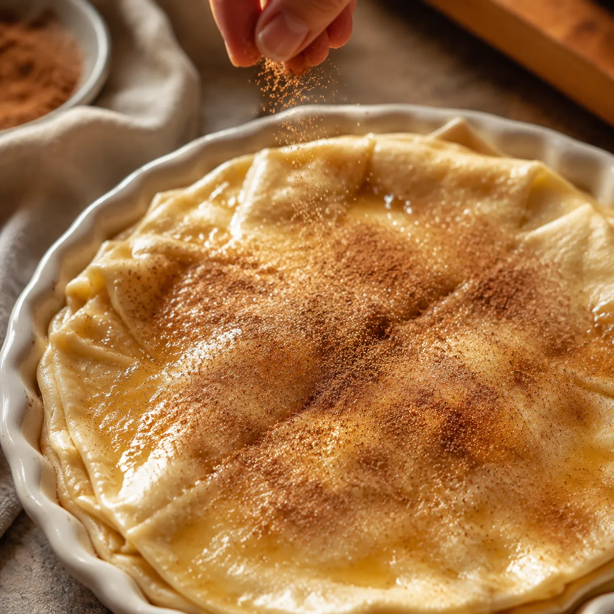 Sprinkling cinnamon sugar topping over sopapilla cheesecake before baking