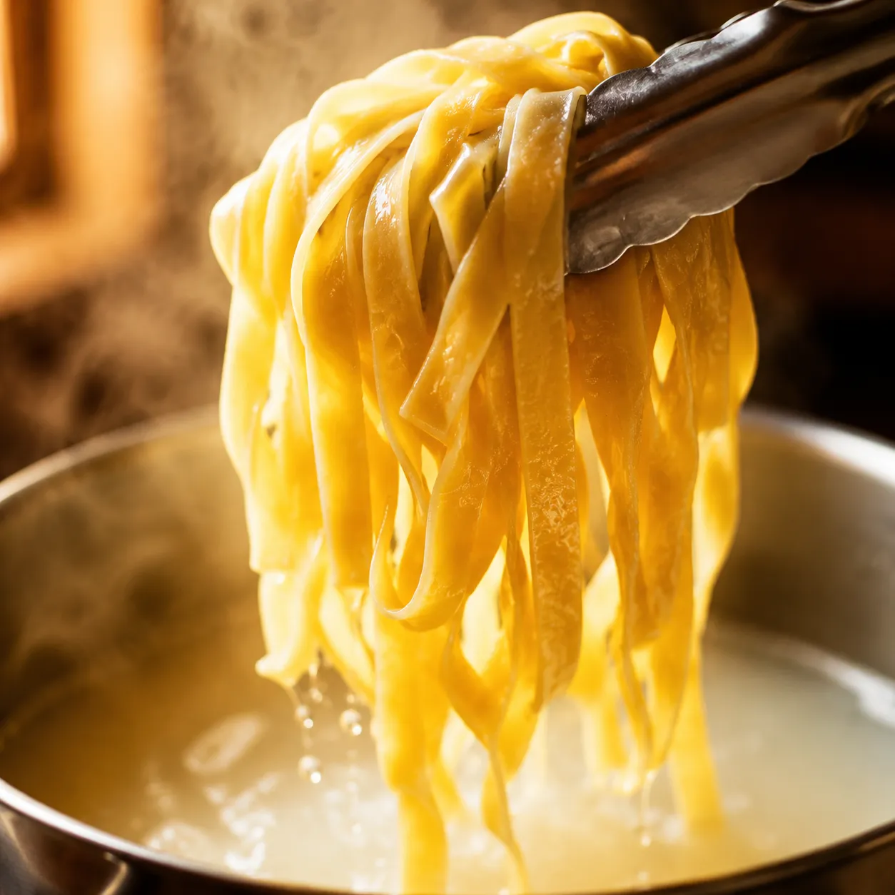 Cooked tagliatelle pasta lifted with tongs to test al dente doneness