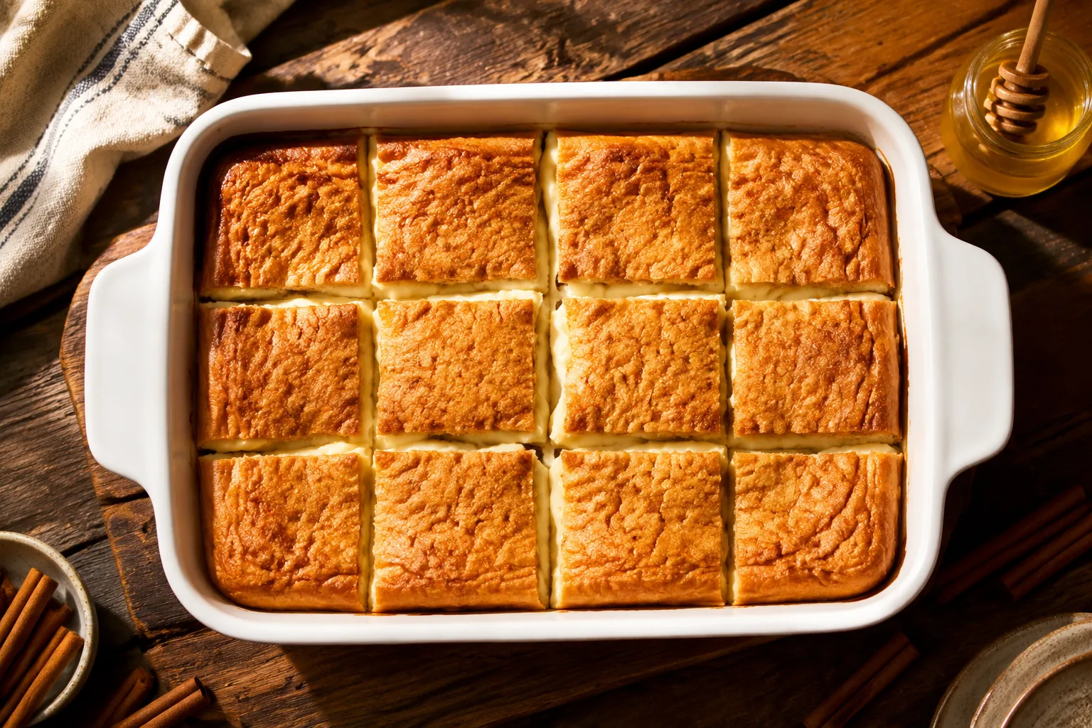 Baked sopapilla cheesecake sliced into bars in a 9x13 dish