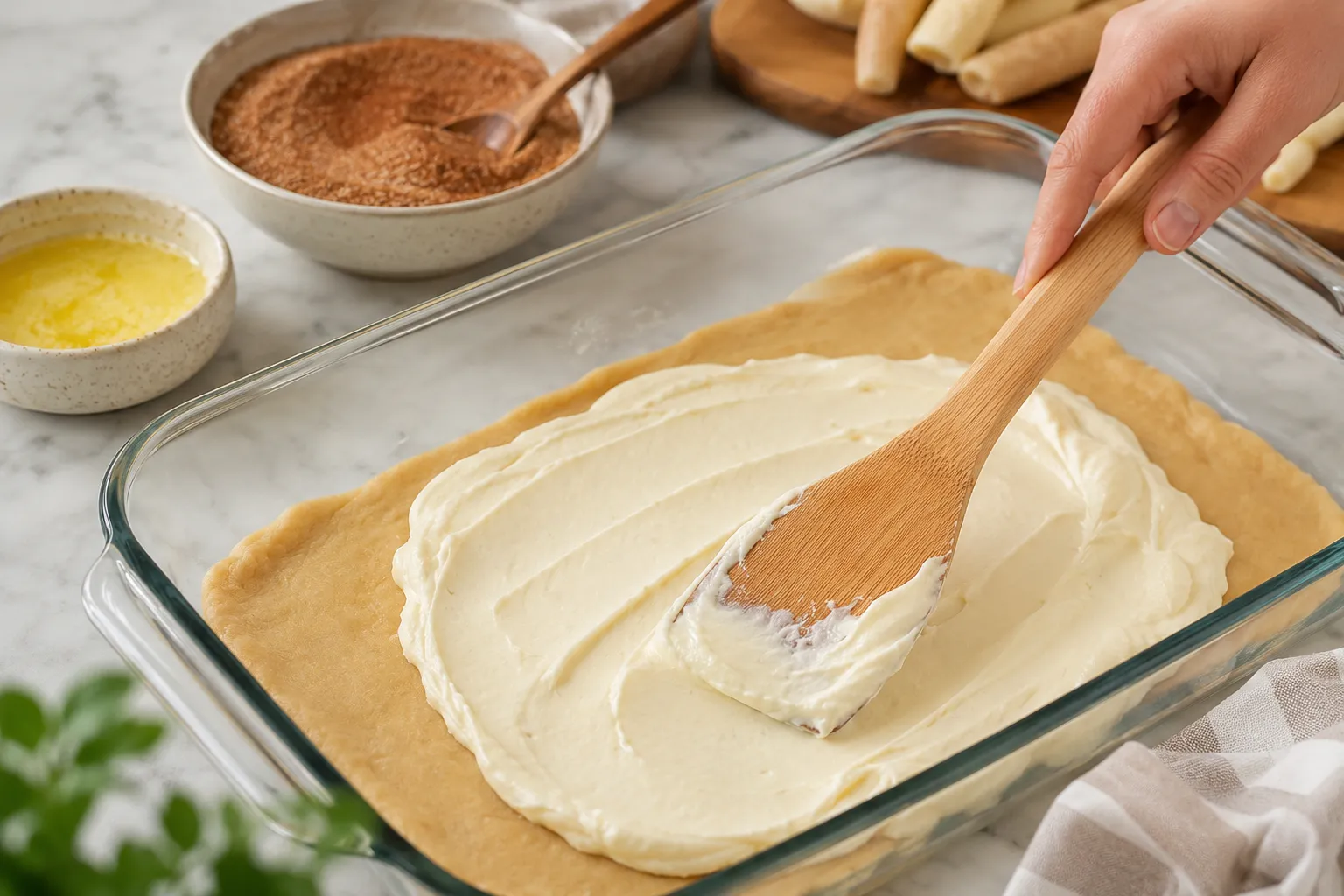 Spreading cheesecake filling over crescent dough layer in pan